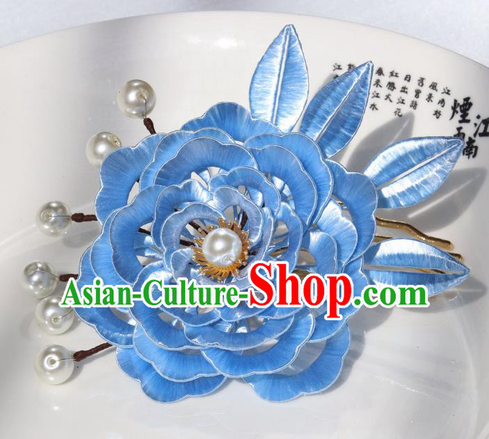 Chinese Traditional Tang Dynasty Imperial Concubine Blue Peony Hair Comb Ancient Court Lady Pearls Hairpin