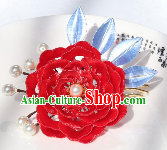Chinese Tang Dynasty Imperial Concubine Hair Comb Ancient Court Lady Hair Accessories Traditional Hanfu Red Peony Hairpin