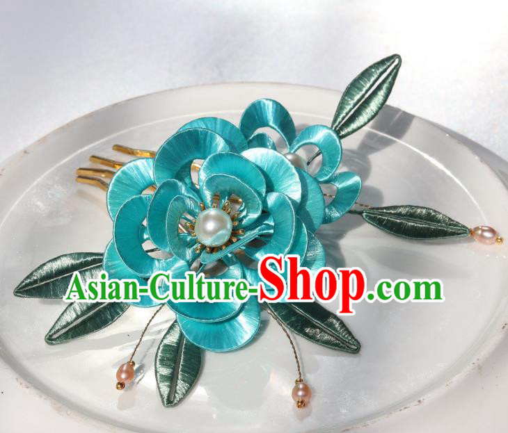 Chinese Ancient Court Woman Lake Blue Peony Hairpin Traditional Ming Dynasty Princess Hair Comb