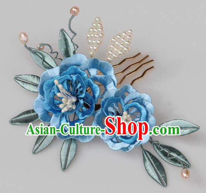 Chinese Handmade Flowers Hair Comb Ancient Ming Dynasty Court Princess Blue Silk Peony Hairpin