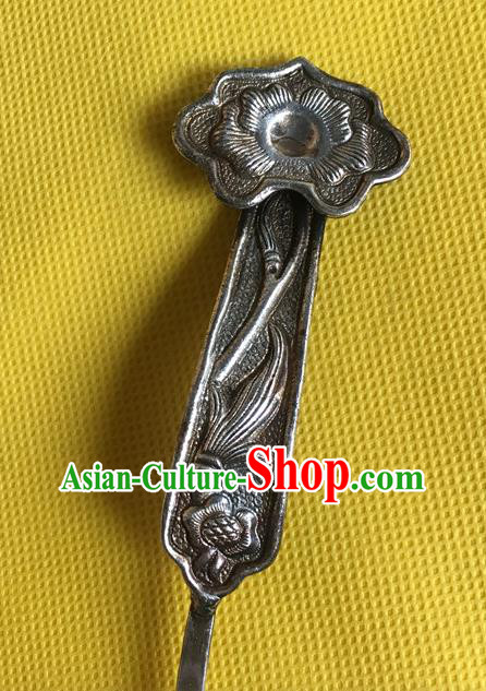 Chinese Ancient Palace Lady Hairpin Headwear Traditional Qing Dynasty Silver Carving Lotus Leaf Hair Stick