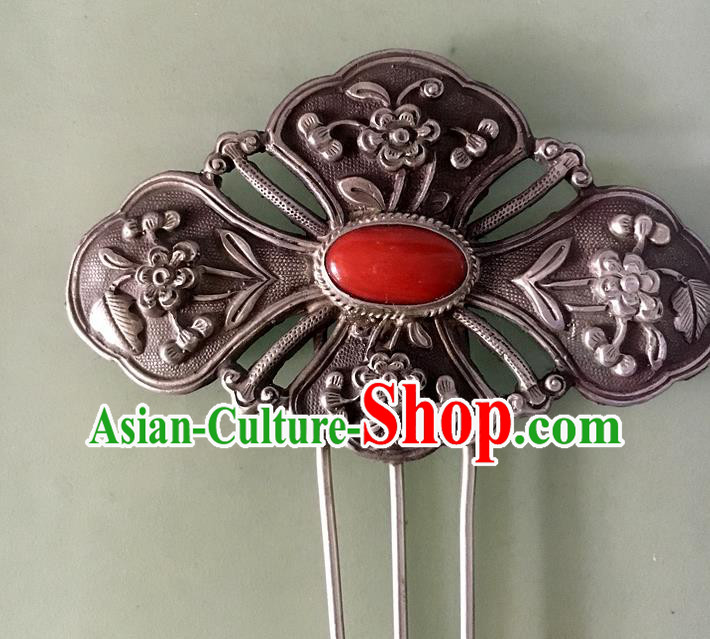 Chinese Ancient Court Silver Carving Peony Hairpin Traditional Qing Dynasty Coral Hair Comb Headpiece