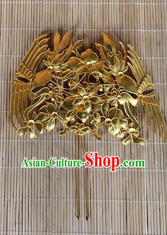 Chinese Ancient Court Beauty Hairpin Traditional Ming Dynasty Empress Golden Phoenix Hair Stick Headdress