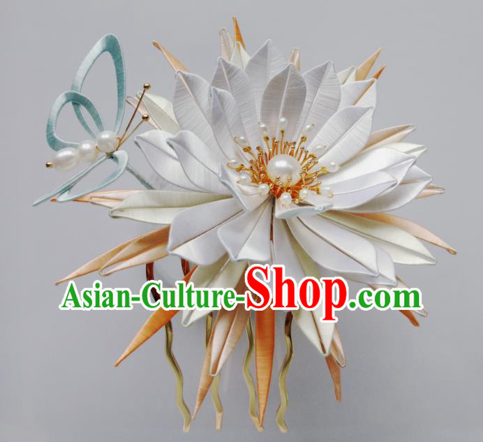 Chinese Traditional Song Dynasty Palace Hairpin Hair Accessories Ancient Princess White Silk Epiphyllum Hair Comb