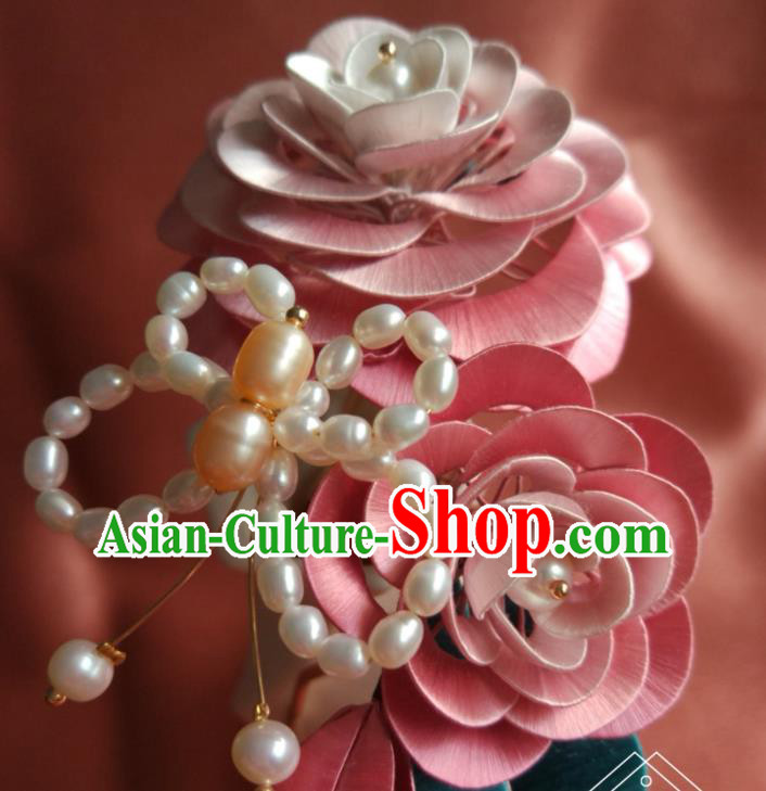 Chinese Ancient Princess Pearls Butterfly Hair Comb Traditional Ming Dynasty Hair Accessories Pink Silk Camellia Hairpin
