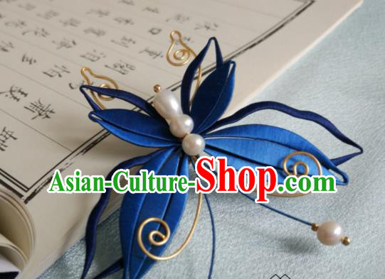Chinese Ancient Princess Blue Silk Butterfly Hair Stick Traditional Pearls Hair Claw Ming Dynasty Hair Accessories