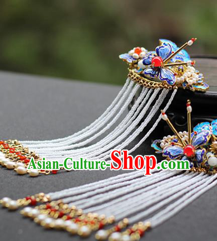 Chinese Traditional Ming Dynasty Pearls Tassel Hair Stick Ancient Imperial Concubine Blueing Butterfly Hairpin
