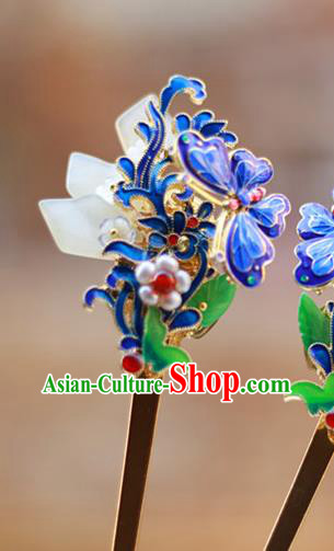 Chinese Ancient Queen Cloisonne Butterfly Hairpin Traditional Ming Dynasty Pearls Jade Hair Stick
