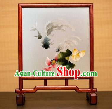 China Double Side Suzhou Embroidery Silk Craft Handmade Rosewood Table Ornament Embroidered Lotus Goldfish Desk Screen