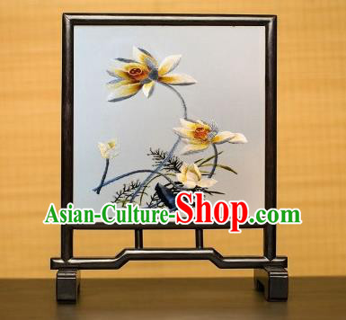 China Table Furniture Traditional Suzhou Embroidered Lotus Desk Screen Handmade Blackwood Craft