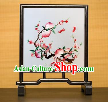 China Handmade Blackwood Craft Table Decoration Traditional Suzhou Embroidered Peach Desk Screen