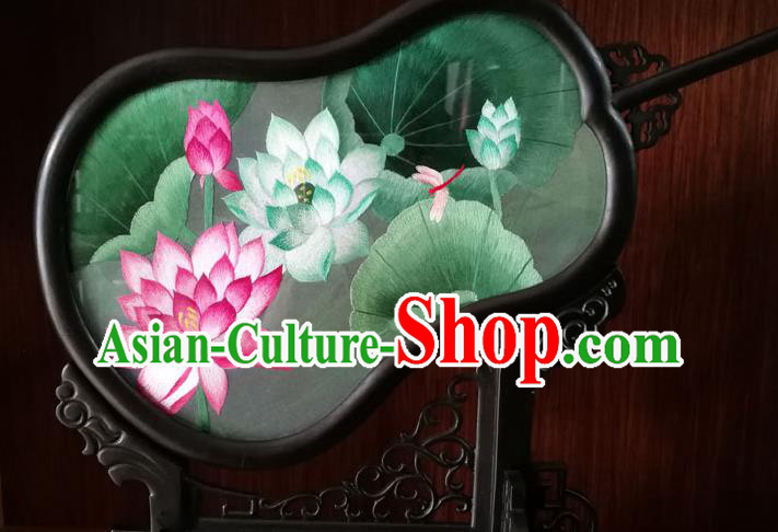 China Traditional Double Side Embroidered Lotus Table Screen Handmade Blackwood Gourd Desk Decoration