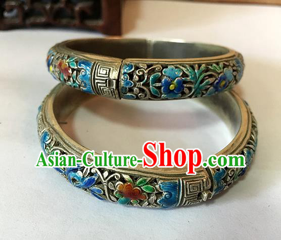 Handmade China Ethnic Carving Silver Bangle National Wedding Cloisonne Bracelet Accessories