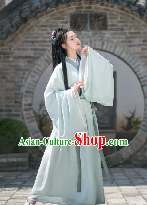 China Ancient Young Beauty Green Hanfu Dress Traditional Jin Dynasty Historical Clothing for Women
