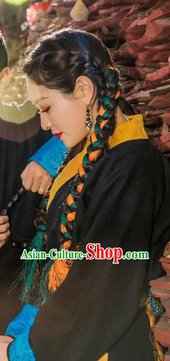 China Traditional Xizang Tibetan Minority Woman Costume Zang Nationality Black Brocade Bora Dress Clothing