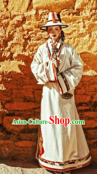 China Zang Nationality Stage Performance White Robe Clothing Traditional Xizang Tibetan Minority Female Costume