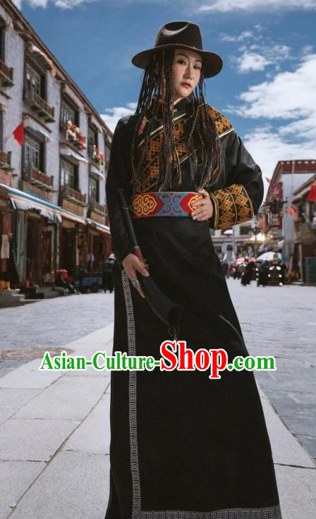 China Zang Nationality Black Bola Dress Traditional Xizang Tibetan Minority Stage Performance Clothing