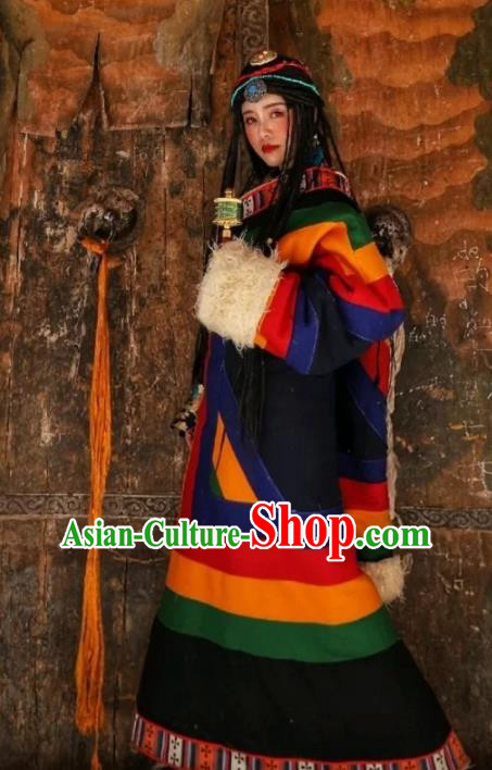 China Zang Nationality Colorful Woolen Robe Traditional Xizang Tibetan Minority Stage Performance Clothing