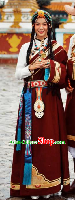 China Zang Nationality Wedding Red Woolen Robe Traditional Xizang Tibetan Minority Folk Dance Clothing