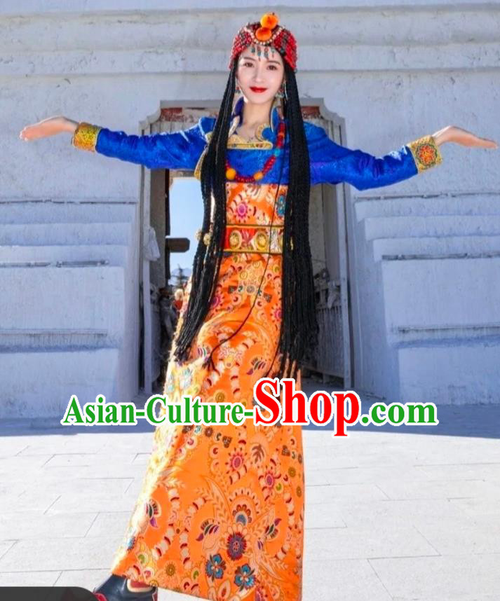 China Zang Nationality Wedding Bride Clothing Traditional Xizang Tibetan Minority Folk Dance Golden Brocade Robe
