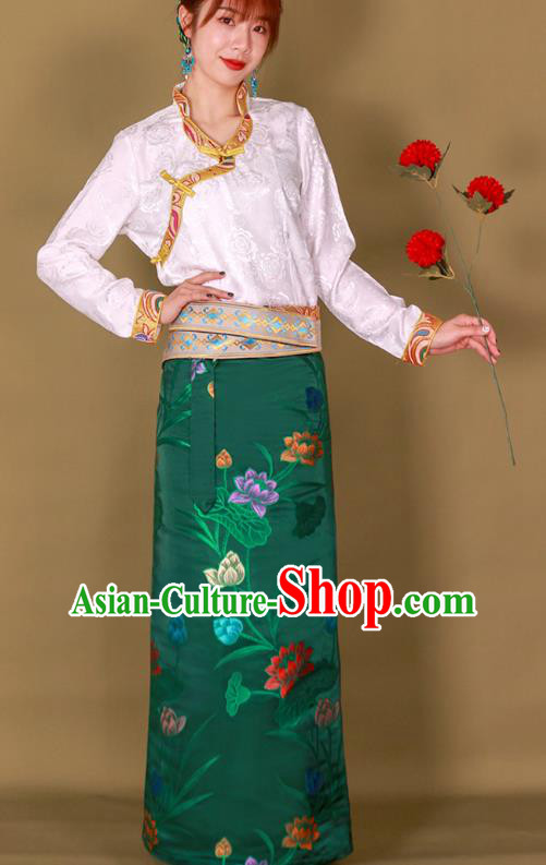 Chinese Tibetan Ethnic Folk Dance Woman Clothing Zang Nationality Heishui Dance Green Brocade Skirt