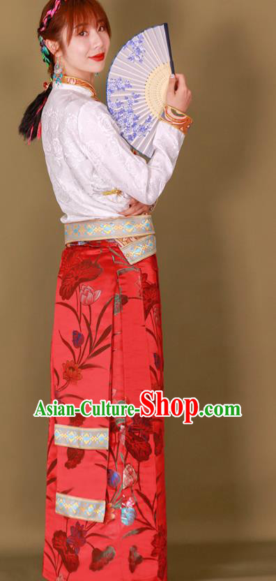 Chinese Tibetan Ethnic Heishui Dance Clothing Zang Nationality Woman Red Brocade Skirt