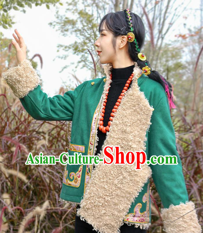 Chinese Zang Nationality Embroidered Green Jacket Clothing Traditional Tibetan Ethnic Winter Outer Garment
