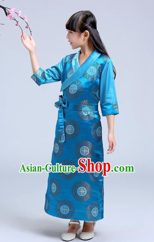 Chinese Traditional Zang Nationality Folk Dance Costumes Tibetan Ethnic Minority Girl Blue Brocade Bola Dress