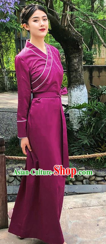 China Traditional Zang Nationality Costume Tibetan Ethnic Woman Purple Bola Dress Clothing