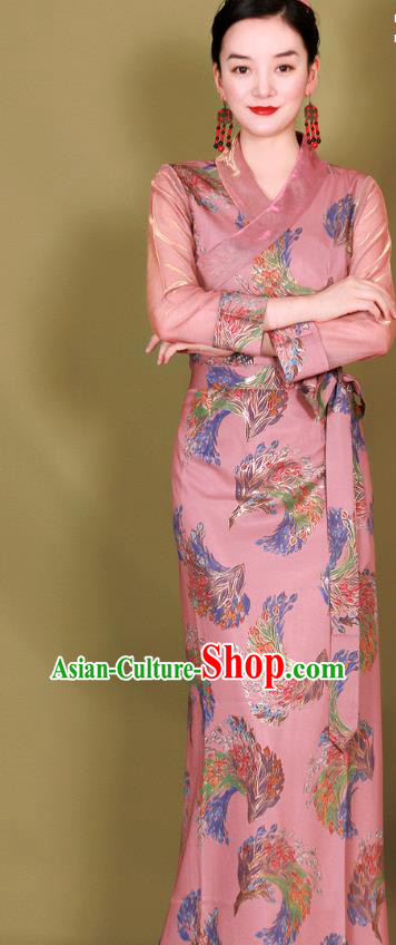 China Tibetan Woman Pink Bola Dress Traditional Zang Nationality Minority Folk Dance Clothing