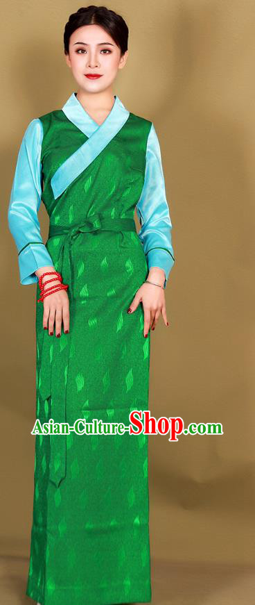 China Xizang Ethnic Woman Clothing Traditional Tibetan Green Bola Dress Zang Minority Costume