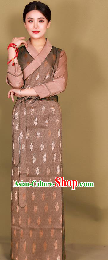 China Zang Minority Costume Xizang Ethnic Woman Clothing Traditional Tibetan Brown Bola Dress