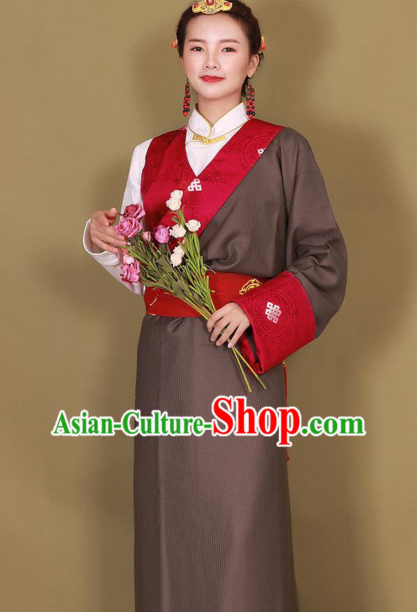 China Traditional Brown Tibetan Robe Zang Minority Costume Xizang Ethnic Woman Clothing