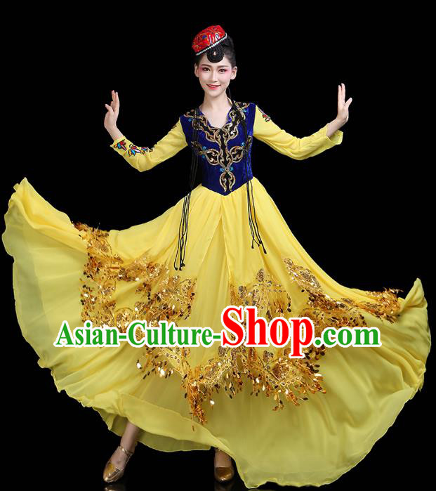 Chinese Xinjiang Ethnic Woman Yellow Dress Traditional Uygur Nationality Dance Performance Costume