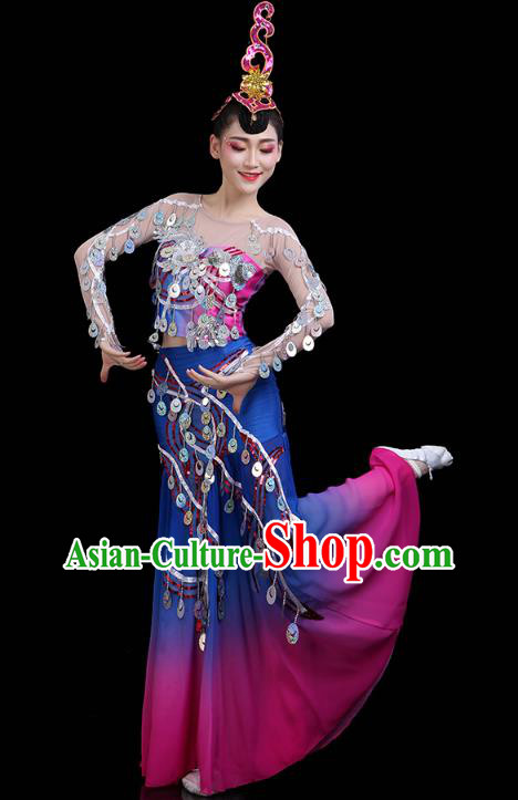Chinese Yunnan Ethnic Peacock Dance Sequins Dress Traditional Dai Nationality Performance Costume