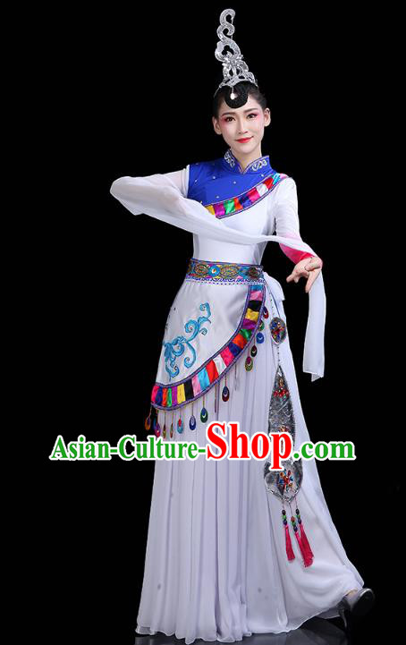 Chinese Tibetan Ethnic Dance White Dress Traditional Zang Nationality Stage Performance Costume
