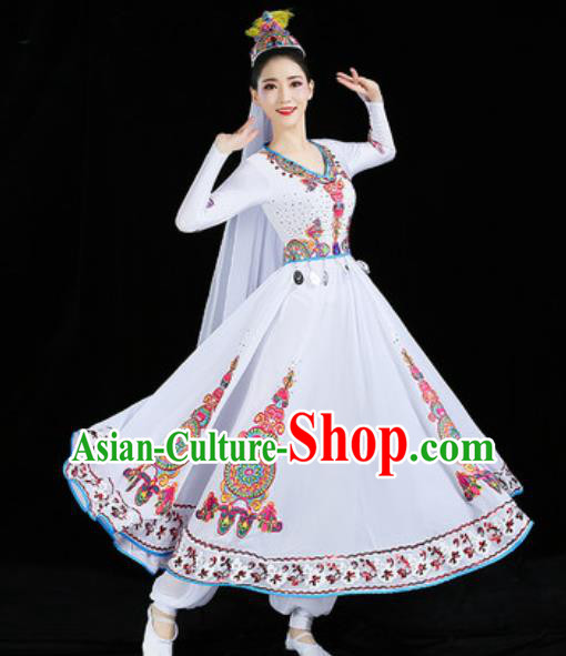 Chinese Traditional Uyghur Nationality Folk Dance Costume Xinjiang Ethnic Stage Performance White Dress