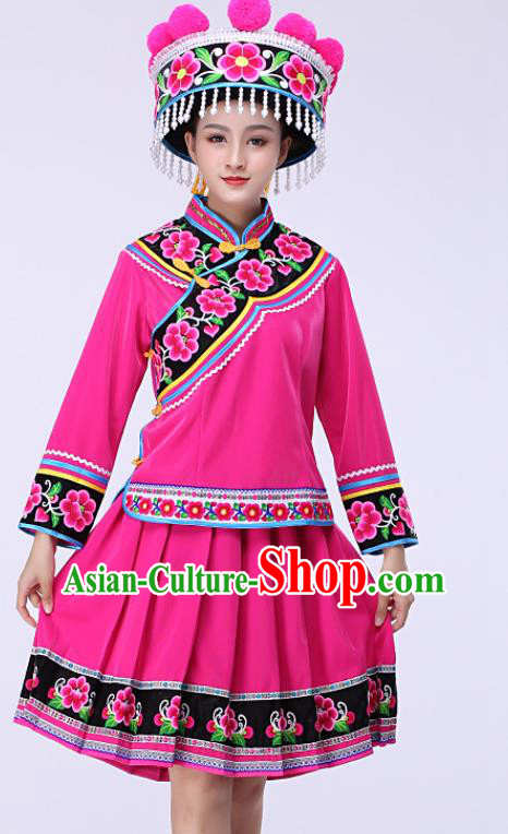 Chinese Traditional Yi Nationality Folk Dance Costume Liangshan Stage Performance Rosy Dress