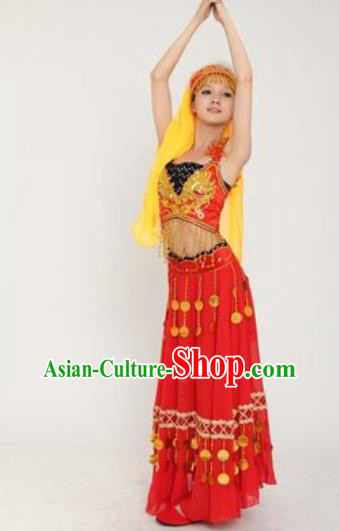 Chinese Xinjiang Ethnic Dance Red Dress Outfits Traditional Uygur Nationality Performance Female Costumes
