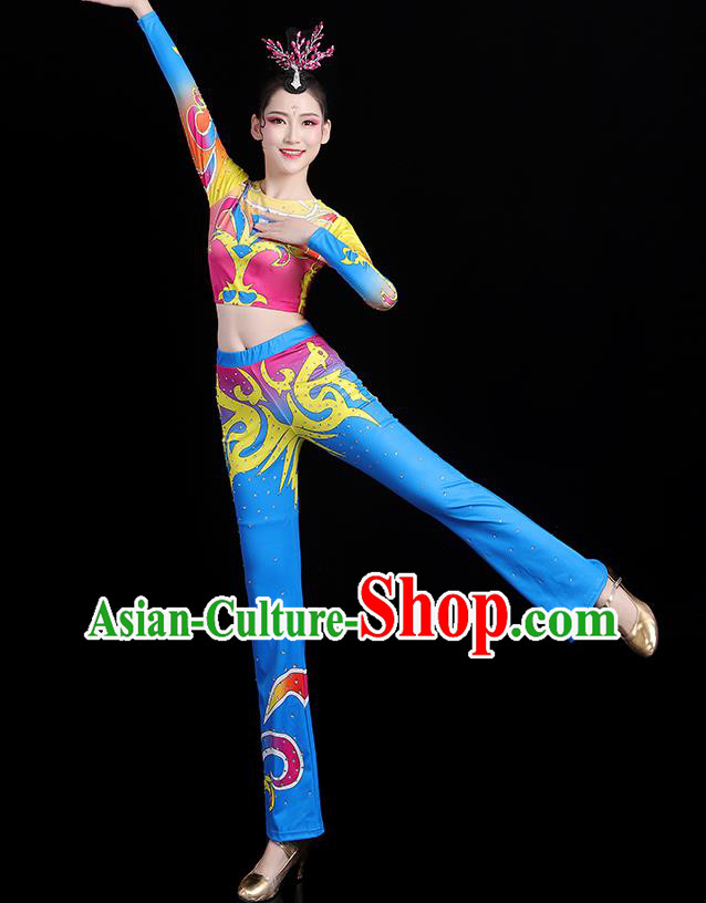 China Aerobics Bodybuilding Competition Clothing Group Dance Costume Cheerleading Girl Blue Outfits