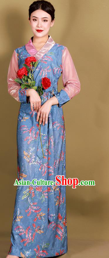 China Tibetan Kangba Woman Blue Bola Dress Traditional Zang Nationality Minority Clothing