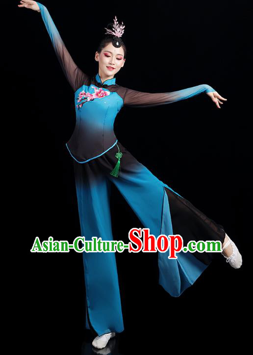 China Folk Dance Competition Clothing Group Fan Dance Costume Yangko Dance Blue Outfits