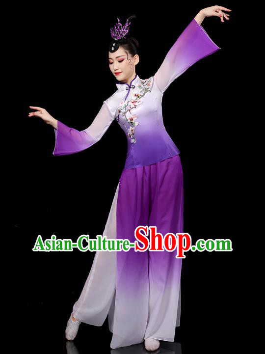 China Traditional Fan Dance Costume Folk Dance Embroidered Purple Outfits Yangko Dance Performance Clothing