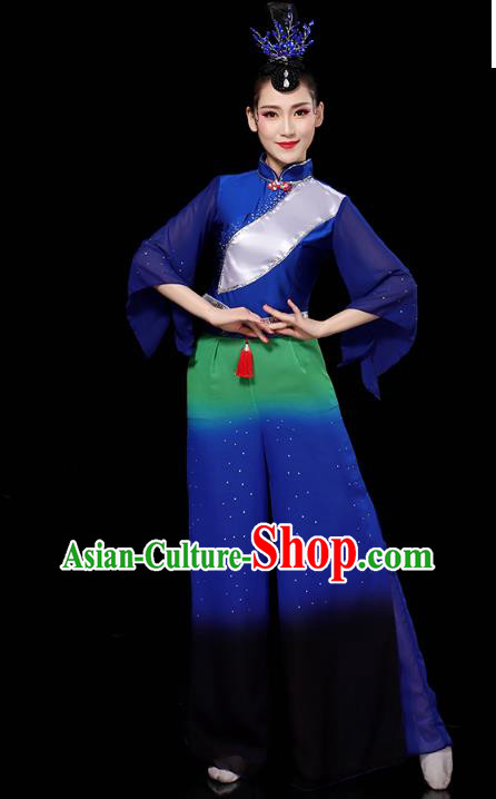 China Folk Dance Deep Blue Outfits Yangko Dance Performance Clothing Traditional Fan Dance Costume
