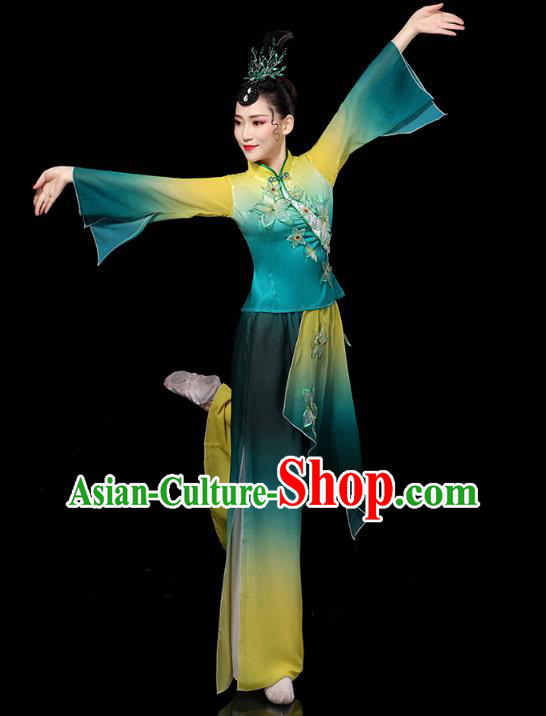 China Yangko Dance Performance Clothing Traditional Fan Dance Costume Folk Dance Embroidered Green Outfits