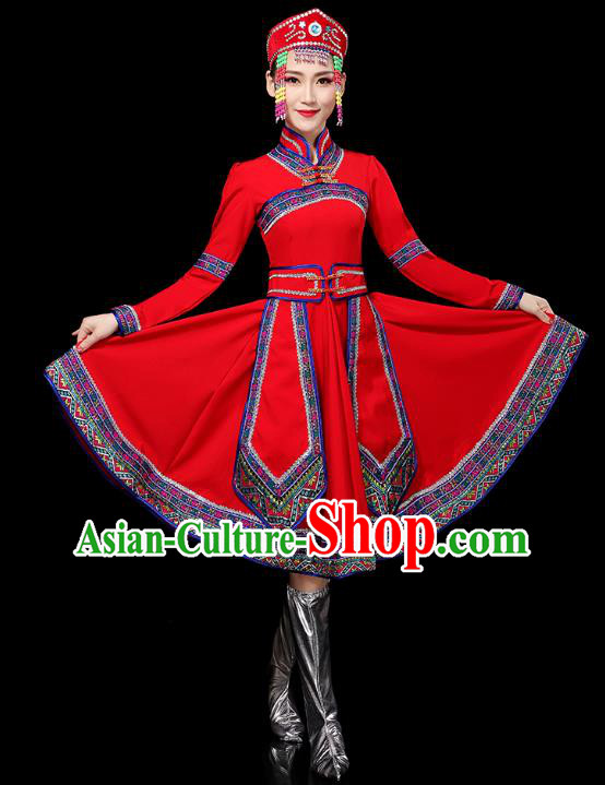 Chinese Mongolian Ethnic Stage Performance Red Dress Traditional Mongol Nationality Minority Dance Costumes