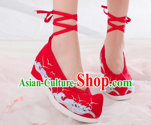 China National Woman Wedges Shoes Traditional Embroidered Waves Shoes Handmade Wedding Red Cloth Shoes