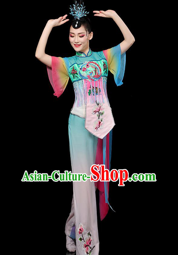 China Folk Dance Embroidered Outfits Yangko Dance Performance Clothing Traditional Fan Dance Costume