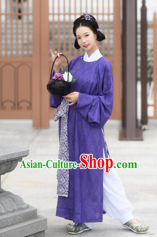 China Tang Dynasty Young Lady Historical Costume Ancient Court Maid Purple Hanfu Robe