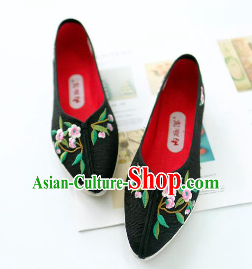 China National Embroidered Flowers Shoes Traditional Folk Dance Shoes Handmade Black Cloth Shoes